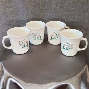 Vintage Corelle Corning Rosemarie Set 4 Mugs Cups Pink Tulips Tea Coffee 80s 90s